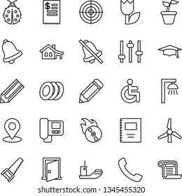 Thin Line Icon Set - graduate vector, pencil, seedling, saw, lady bug, disabled, sea shipping, tulip, flame disk, call, tuning, bell, mute, place tag, copybook, target, house with garage, windmill