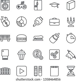 Thin Line Icon Set - graduate vector, notepad, circle chart, bench, flame disk, gamepad, play button, rca, hdmi, stopwatch, cut, case, blank box, book, stapler, fence, washer, fridge, candle