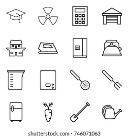 thin line icon set : graduate hat, nuclear, calculator, garage, japanese house, iron, fridge, kettle, measuring cup, kitchen scales, skimmer, big fork, carrot, shovel, watering can