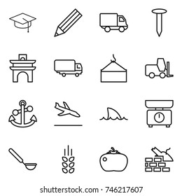 thin line icon set : graduate hat, pencil, delivery, nail, arch, shipping, loading crane, fork loader, anchor, arrival, shark flipper, kitchen scales, ladle, spikelets, tomato, construct garbage
