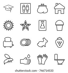 thin line icon set : graduate hat, wc, purse, home, sun, starfish, identity card, bucket, toaster, plates, rabbit, strawberry, wasp, hand drop, gloves, toilet