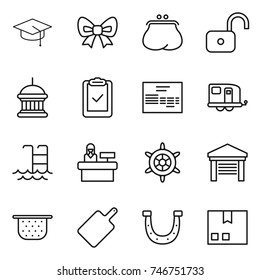 thin line icon set : graduate hat, bow, purse, unlock, goverment house, clipboard check, invoice, trailer, pool, reception, handwheel, garage, colander, cutting board, horseshoe, package