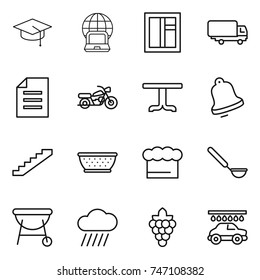 thin line icon set : graduate hat, notebook globe, window, shipping, document, motorcycle, table, bell, stairs, colander, chief, ladle, bbq, rain cloud, grape, car wash