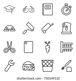 thin line icon set : graduate hat, smart glasses, copybook, stopwatch, dome house, repair, suitcase, kettle, scissors, cutting board, carrot, watering, wrench, cheese, trash bin, toilet brush