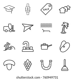 Thin line icon set : graduate hat, smart watch, sale label, houses, fork loader, deltaplane, lounger, palm, surfer, water tap, saute pan, beans, mushroom, grape, horseshoe, plunger