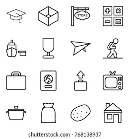 Thin line icon set : graduate hat, box, store signboard, calculator, port, fragile, deltaplane, tourist, suitcase, passport, baggage, tv, pan, flour, potato, house