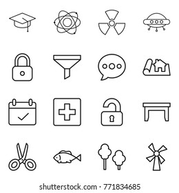 Thin line icon set : graduate hat, atom, nuclear, ufo, lock, funnel, balloon, project, terms, first aid, unlocked, table, scissors, fish, trees, windmill
