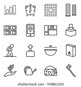 thin line icon set : graph, alarm clock, cpu, skyscrapers, panel house, mobile location, consolidated cargo, package, tourist, baggage, cauldron, cereals, harvest, watering can, cheese, tooth brush