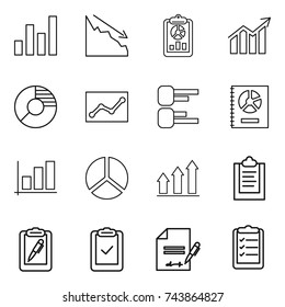 thin line icon set : graph, crisis, report, diagram, circle, statistics, annual, up, clipboard, pen, check, inventory, list