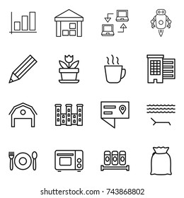 thin line icon set : graph, warehouse, notebook connect, jet robot, pencil, flower, hot drink, houses, barn, palace, location details, lounger, cafe, grill oven, spices, flour