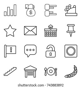 thin line icon set : graph, money gift, diagram, cashbox, star, mail, university, pin, important flag, sms, unlocked, ring button, stairs, garage, fork spoon plate, peas
