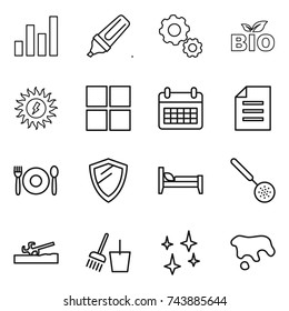 thin line icon set : graph, marker, gear, bio, sun power, window, calendar, document, cafe, shield, bed, skimmer, soil cutter, bucket and broom, shining, spot