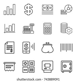 thin line icon set : graph, dollar, money, diagram, cashbox, calculator, virtual mining, account balance, mobile pay, purse, bar code, atm receipt, safe