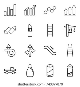thin line icon set : graph, diagram, up, down arrow, lipstick, stairs, tower crane, trip, route, escalator, pickup, cleanser, powder, please clean