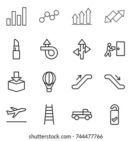 thin line icon set : graph, up, down arrow, lipstick, trip, route, courier delivery, package, air ballon, escalator, departure, stairs, pickup, please clean