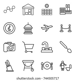 thin line icon set : graph, warehouse, sun power, store, info, goverment house, plane, vip fence, camera, cart, water tap, big spoon, knife holder, bbq, fork plate, toilet cleaning