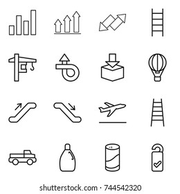 thin line icon set : graph, up, down arrow, stairs, tower crane, trip, package, air ballon, escalator, departure, pickup, cleanser, powder, please clean