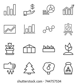 thin line icon set : graph, investment, diagram, statistics, presentation, flower, greenhouse, seedling, sprouting, sow, spruce, garden, fertilizer
