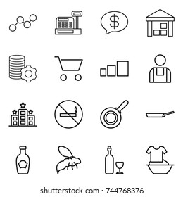 thin line icon set : graph, cashbox, money message, warehouse, virtual mining, cart, sorting, workman, hotel, no smoking, pan, ketchup, wasp, wine, handle washing
