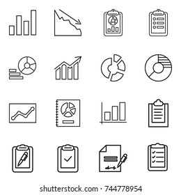 thin line icon set : graph, crisis, report, clipboard, diagram, circle, statistics, annual, pen, check, inventory, list