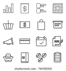 thin line icon set : graph, receipt, diagram, cpu, basket, shopping bag, atm, loudspeaker, bunker, terms, inventory, confidential, fridge, coffee seeds, clipboard list