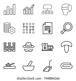 thin line icon set : graph, diagram, structure, virtual mask, mining, chip, account balance, magnifier, palace, confidential, food processor, mushroom, soil cutter, mortar, scoop, towel