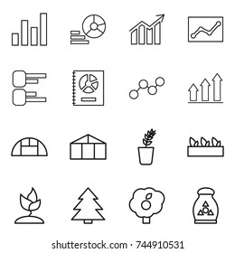 thin line icon set : graph, diagram, statistics, annual report, up, greenhouse, seedling, sprouting, spruce, garden, fertilizer