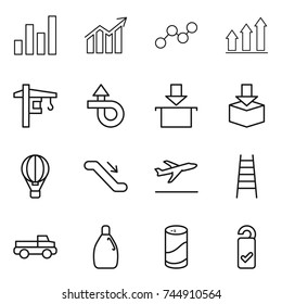 thin line icon set : graph, diagram, up, tower crane, trip, package, air ballon, escalator, departure, stairs, pickup, cleanser, powder, please clean