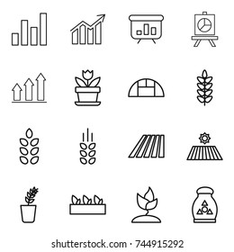 thin line icon set : graph, diagram, presentation, up, flower, greenhouse, spikelets, field, seedling, sprouting, fertilizer