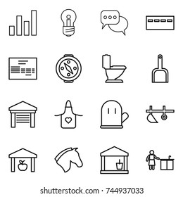 thin line icon set : graph, bulb, discussion, bunker, invoice, compass, toilet, scoop, garage, apron, cook glove, plow, warehouse, horse, utility room, kitchen cleaning