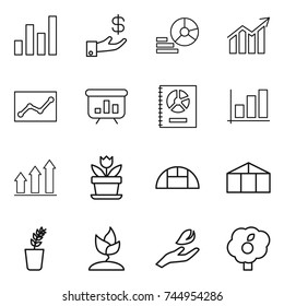 thin line icon set : graph, investment, diagram, statistics, presentation, annual report, up, flower, greenhouse, seedling, sprouting, hand leaf, garden