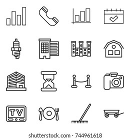 thin line icon set : graph, phone, calendar, spark plug, houses, palace, house, office, sand clock, vip fence, camera, tv, fork spoon plate, rake, trailer