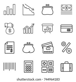 thin line icon set : graph, crisis, purse, money, gift, diagram, presentation, credit card, account balance, percent, bar code, calculator, suitcase