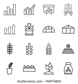 thin line icon set : graph, diagram, presentation, up, flower, greenhouse, spikelets, field, seedling, sprouting, fertilizer