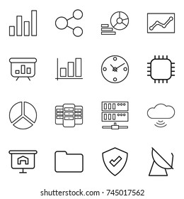 thin line icon set : graph, share, diagram, statistics, presentation, clock, chip, server, cloud wireless, documents, protected, satellite antenna