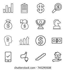 thin line icon set : graph, clipboard, dollar, magnifier, money bag, gift, trophy, chess horse, bulb head, up, coin, mobile checking, golf, stairs, housing