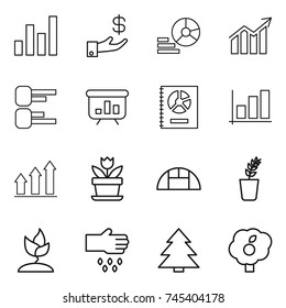 thin line icon set : graph, investment, diagram, presentation, annual report, up, flower, greenhouse, seedling, sprouting, sow, spruce, garden