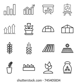 thin line icon set : graph, diagram, presentation, up, flower, greenhouse, spikelets, field, seedling, sprouting, fertilizer