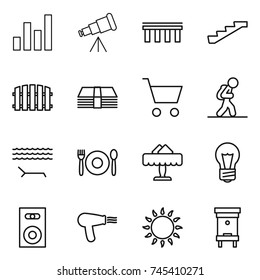 thin line icon set : graph, telescope, bridge, stairs, fence, money, cart, tourist, lounger, cafe, restaurant, bulb, speaker, hair dryer, gas oven, hive