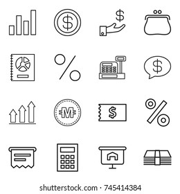 thin line icon set : graph, dollar, investment, purse, annual report, percent, cashbox, money message, up, crypto currency, receipt, atm, calculator, presentation