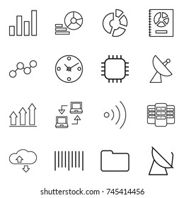 thin line icon set : graph, diagram, circle, annual report, clock, chip, satellite antenna, up, notebook connect, wireless, server, cloude service, bar code, documents