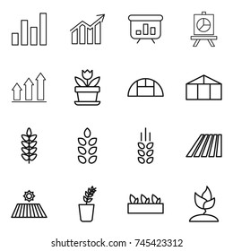 thin line icon set : graph, diagram, presentation, up, flower, greenhouse, spikelets, field, seedling, sprouting