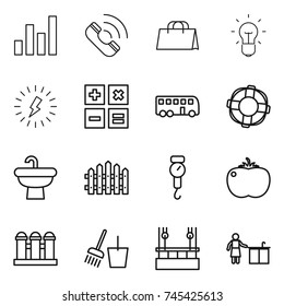 Thin Line Icon Set : Graph, Call, Shopping Bag, Bulb, Lightning, Calculator, Bus, Lifebuoy, Sink, Fence, Handle Scales, Tomato, Grain Elevator, Bucket And Broom, Skysrcapers Cleaning, Kitchen