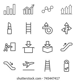 thin line icon set : graph, diagram, up, lipstick, stairs, trip, route, courier delivery, package, escalator, departure, please clean