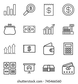 thin line icon set : graph, dollar magnifier, receipt, purse, money, diagram, cashbox, up, wallet, calculator, presentation, credit card