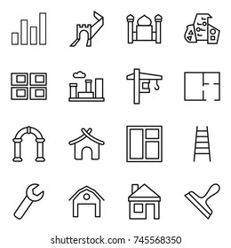 thin line icon set : graph, greate wall, minaret, modern architecture, panel house, city, tower crane, plan, arch, bungalow, window, stairs, wrench, barn, scraper