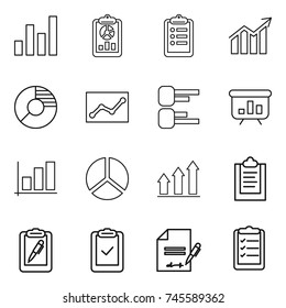 thin line icon set : graph, report, clipboard, diagram, circle, statistics, presentation, up, pen, check, inventory, list