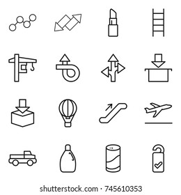 thin line icon set : graph, up down arrow, lipstick, stairs, tower crane, trip, route, package, air ballon, escalator, departure, pickup, cleanser, powder, please clean