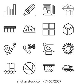 thin line icon set : graph, marker, newspaper, factory filter, bridge, project, window, 3d, route, phone 24, sun potection, pool, no smoking, colander, trash truck