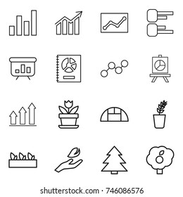 thin line icon set : graph, diagram, statistics, presentation, annual report, up, flower, greenhouse, seedling, hand leaf, spruce, garden